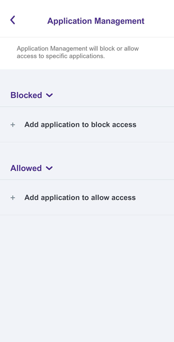 Captura de pantalla de la aplicación en la sección Administración de aplicaciones con opciones para agregar aplicaciones bloqueadas o permitidas
