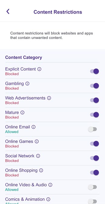 Captura de pantalla de la aplicación en la sección Filtros de contenido predeterminado para niños por categoría