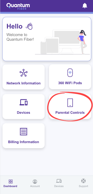 Captura de pantalla de la aplicación que muestra el mosaico de controles parentales en el panel de control
