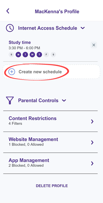 Captura de pantalla de la aplicación que muestra el enlace Crear nuevo horario en la pantalla de detalles del perfil
