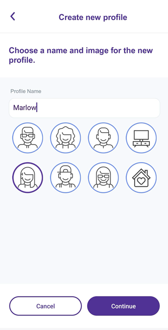 Captura de pantalla de la aplicación que muestra el paso 3 para crear un nuevo perfil, elegir el nombre y la imagen