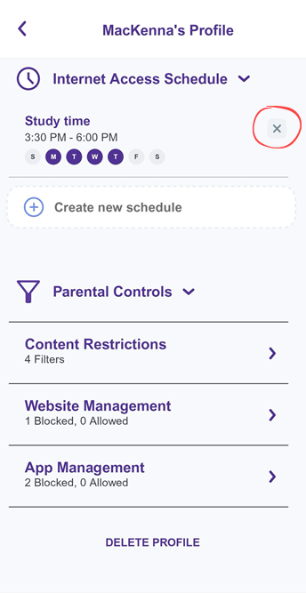 Captura de pantalla de la aplicación, acceso a los horarios mostrando la opción "X" para eliminar un horario