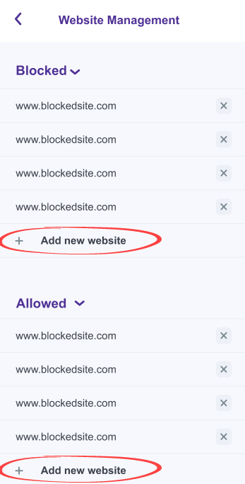 Captura de pantalla de la aplicación que muestra las listas de aplicaciones bloqueadas y permitidas con la opción de eliminarlas
