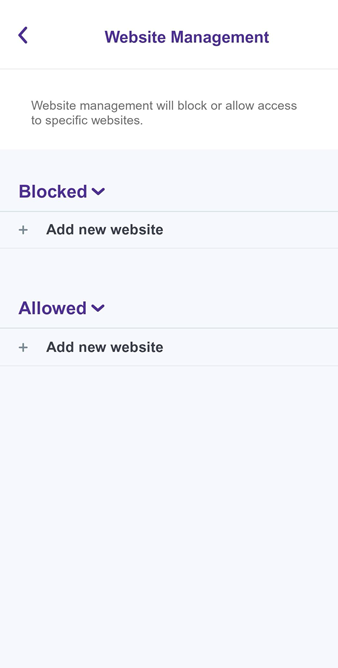 Captura de pantalla de la aplicación en la sección Administración de sitios web con opciones para agregar sitios bloqueados o permitidos