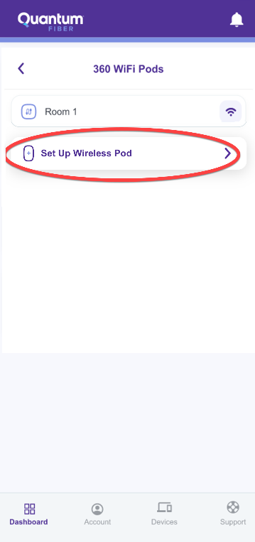 Pantalla de configuración del pod inalámbrico en la aplicación Quantum Fiber