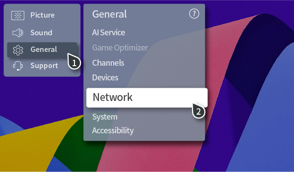 LG TV screenshot - general settings, network