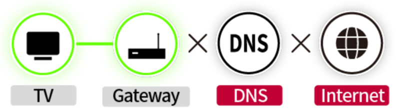 LG TV screenshot - TV and Gateway green, DNS and internet red