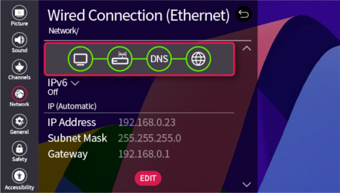 LG TV screenshot - wired connection (Ethernet) network