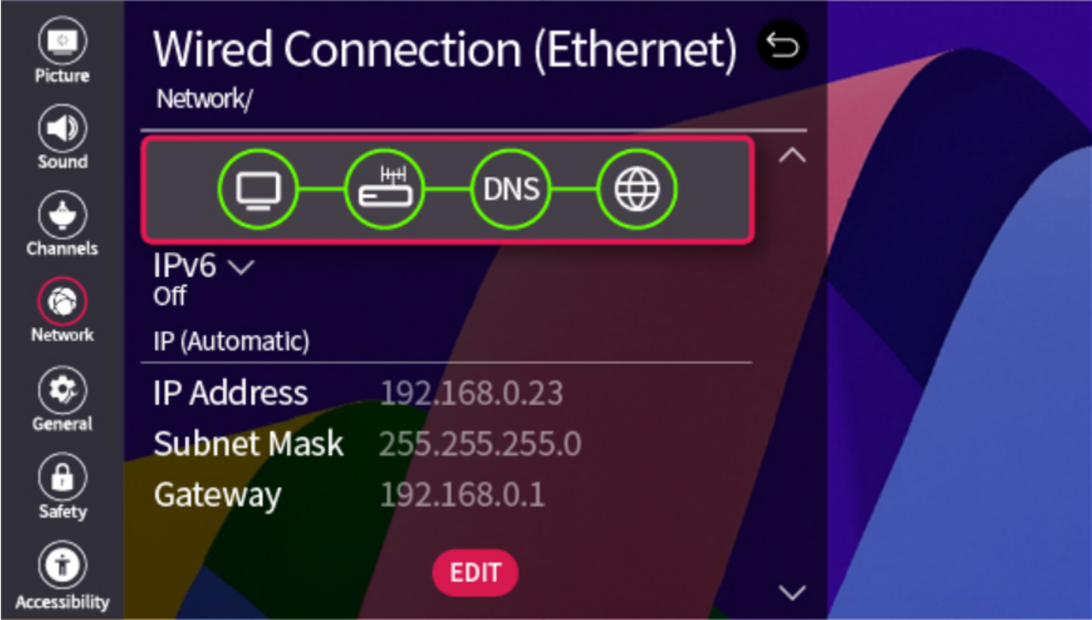 Captura de pantalla del TV LG: red de conexión con cable (Ethernet)