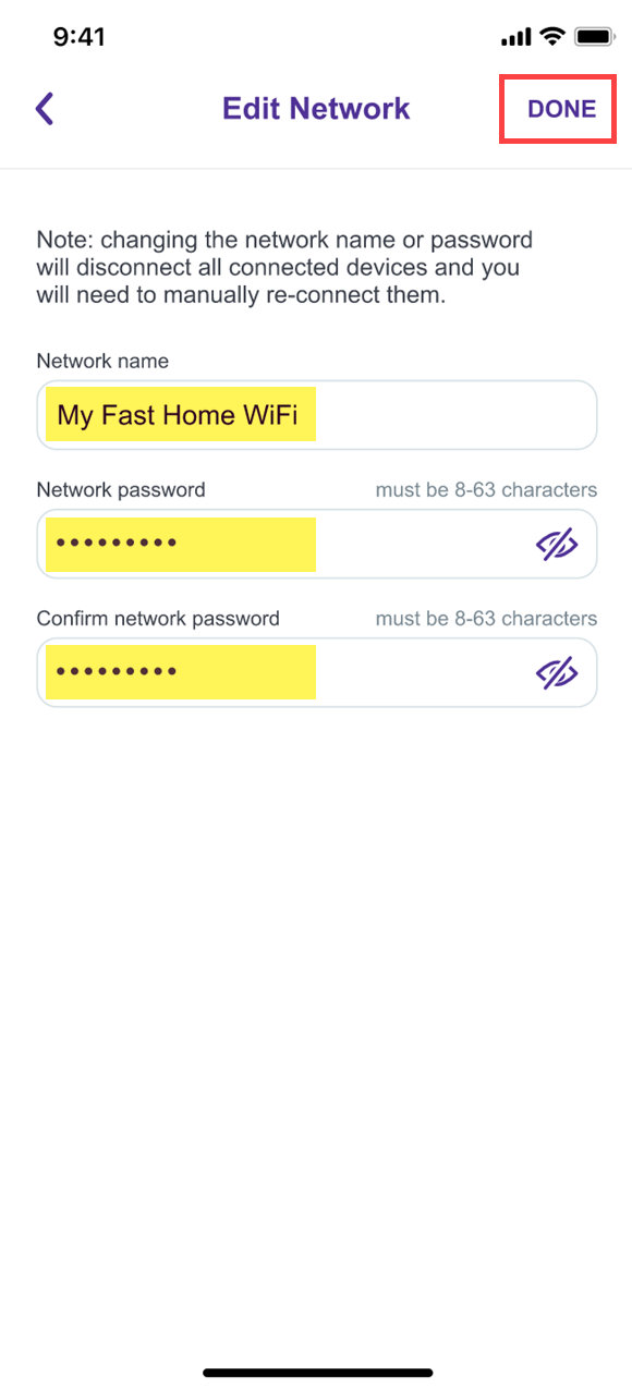 App screenshot showing edit network name and password