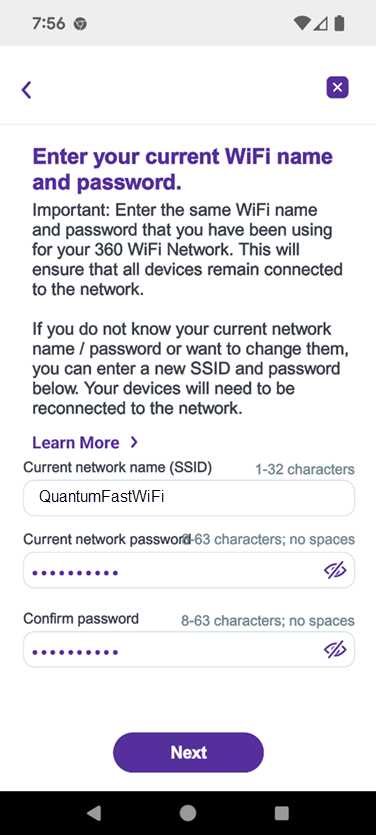Captura de pantalla de la aplicación que muestra cómo ingresar el nombre y la contraseña de Wi-Fi