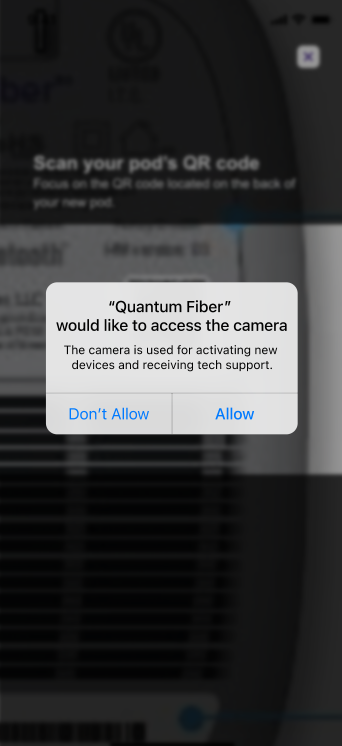 Captura de la pantalla "Allow camera access (Permitir acceso a la cámara)" en la aplicación para escanear el código del pod