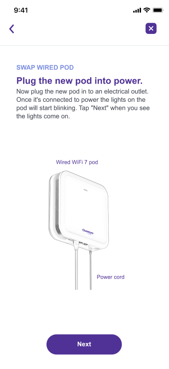 Captura de pantalla de la aplicación que muestra cómo conectar el pod con cable