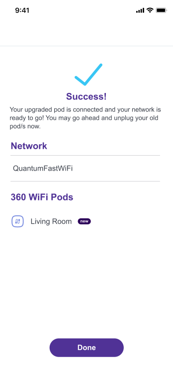 Captura de pantalla de la aplicación que muestra la pantalla "Listo, se agregó un pod con cable"