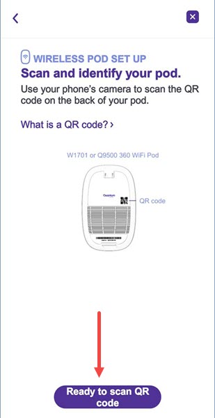 Pantalla de configuración del pod inalámbrico en la aplicación Quantum Fiber que muestra el botón para escanear el código QR