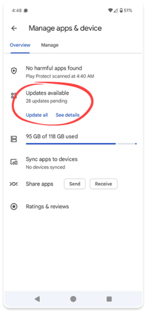 Captura de pantalla que muestra el mensaje de actualización del sistema en el dispositivo móvil