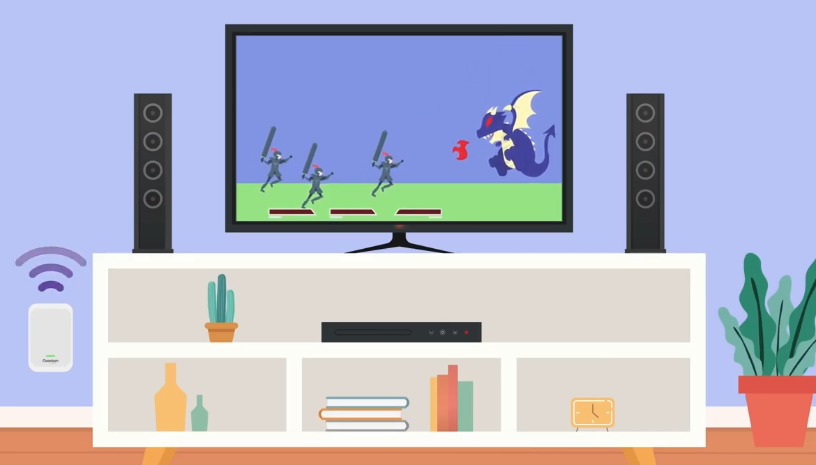 Ilustración de sistema de juegos en el sótano con un pod de Wi-Fi a su lado