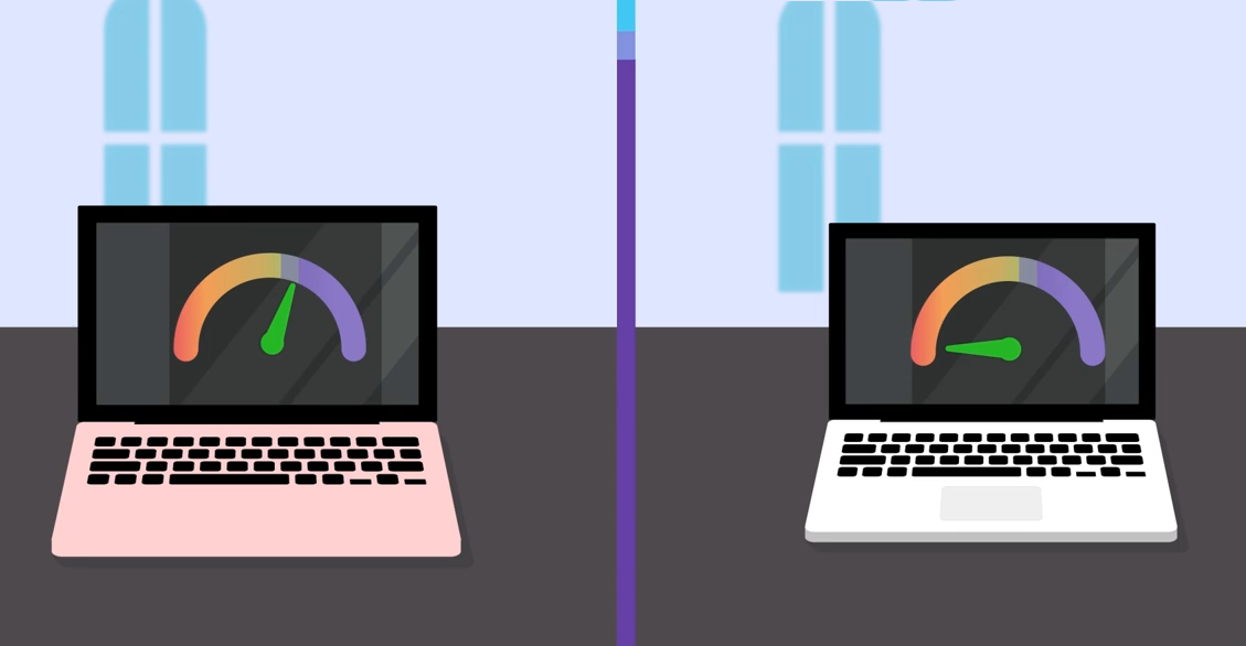Ilustración de una laptop más nueva con una prueba de alta velocidad y una laptop antigua con una velocidad muy lenta