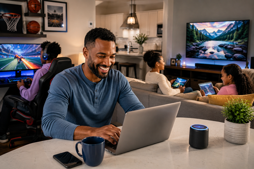 A happy family using multiple connected devices at home, including a laptop, gaming setup, smart TV, tablet, and smart speaker.