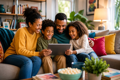 A happy family sits together on a couch in a cozy living room, laughing while watching a movie on a tablet.
