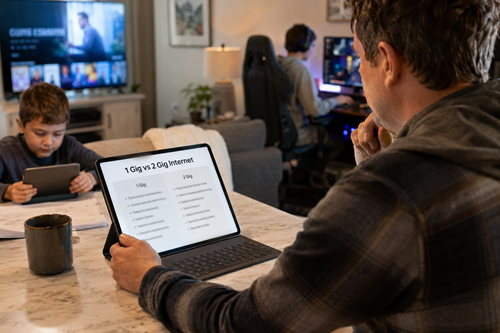 A parent looks at a tablet comparing 1 Gig vs 2 Gig internet while family members use connected devices at home.