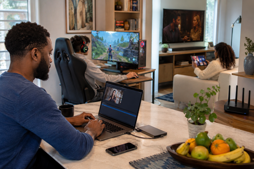 A household uses up to 2 Gig internet for gaming, streaming, video calls, and connected devices in a modern home.