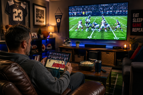 A person streams a basketball game on a tablet in a sports-themed man cave while another game plays on a large TV in the background.