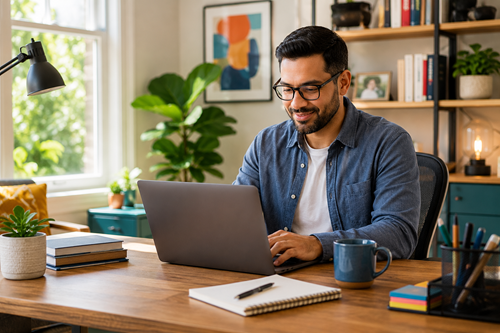 A professional person works on a laptop at an organized home office desk with natural sunlight, plants, a notebook, and colorful decor.