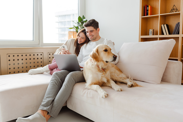Couple hanging out with their dog and using Quantum Fiber Internet to connect with loved ones