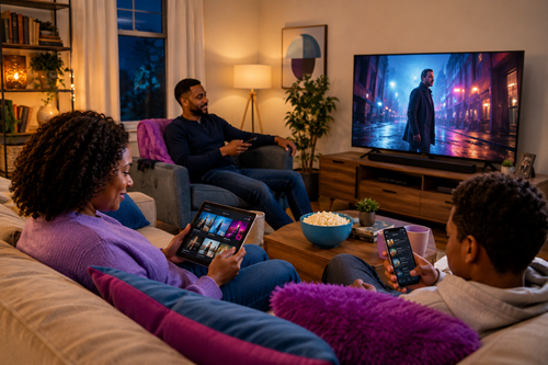 A family relaxes in a cozy living room while streaming a movie on a smart TV and using a tablet and phone nearby.