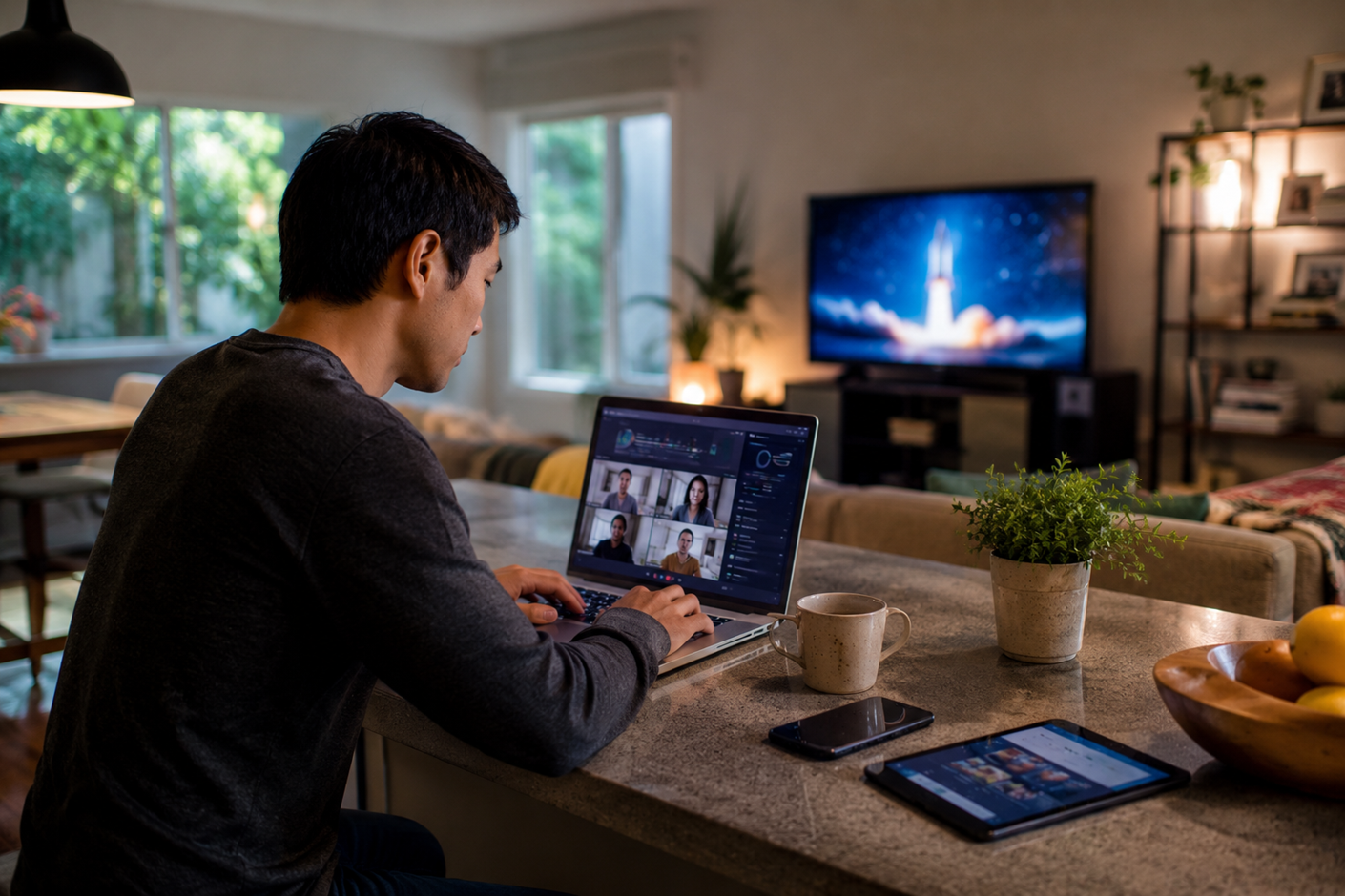 A person works on a laptop at a kitchen island while streaming content and using connected devices in a modern home.