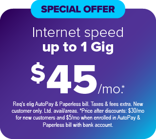 Speed Up to 1 Gig $45 Special Offer