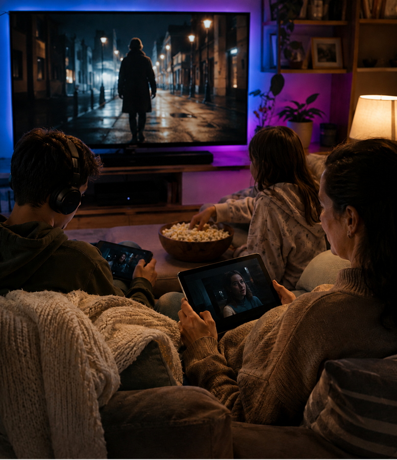 A family sits together on a couch in a cozy living room while choosing something to stream on TV.